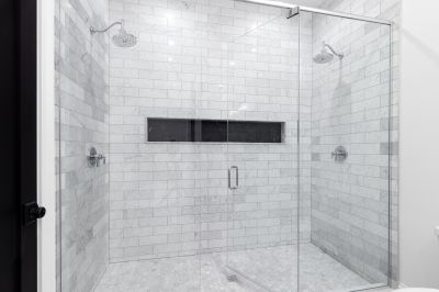 Glass Enclosed Shower with Corner Shelf